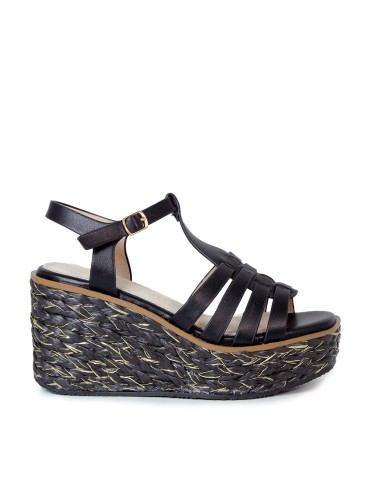 SANDALIAS DE CUÑA DE YUTE NEGRAS EVA PARIS 28947 NEGEO