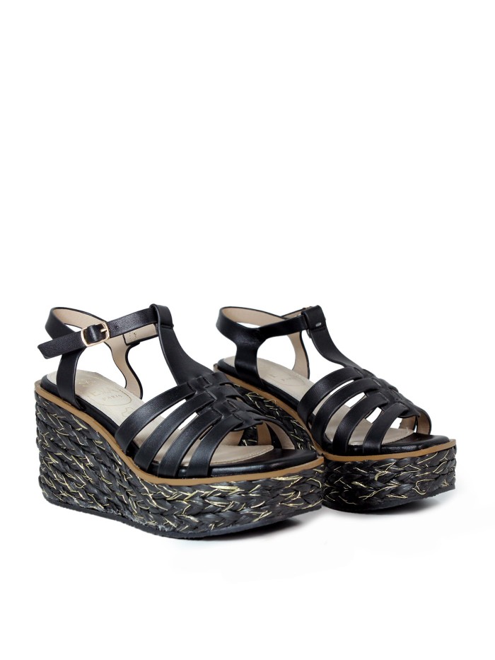 SANDALIAS DE CUÑA DE YUTE NEGRAS EVA PARIS 28947 NEGEO