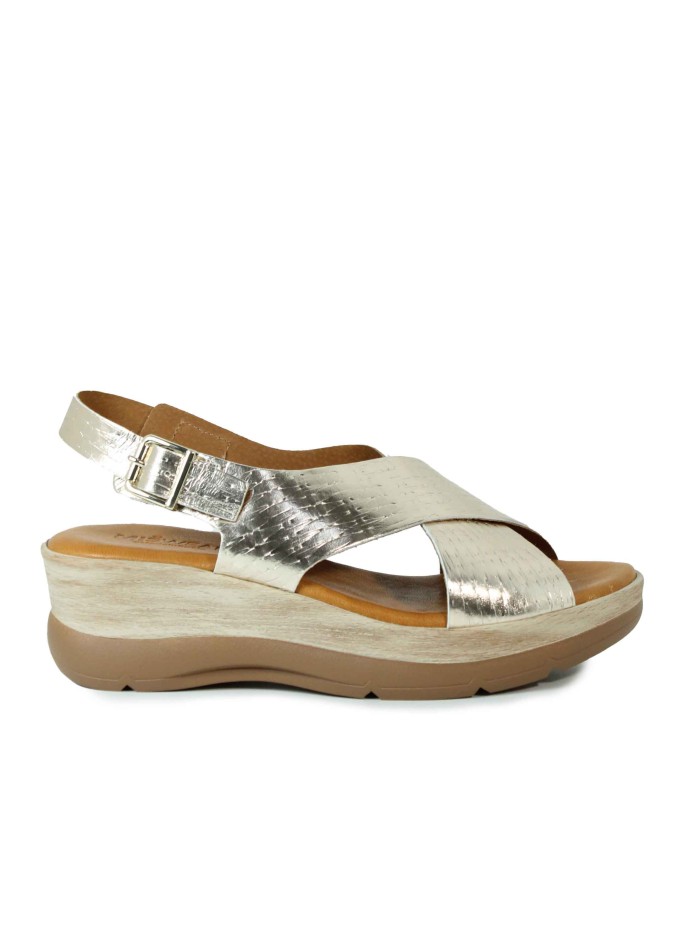 SANDALIAS CON CUÑA, DE PIEL Y TIRAS CRUZADAS, MÁXIMO CONFORT Y ESTILO 1450 MISWEAR ORO