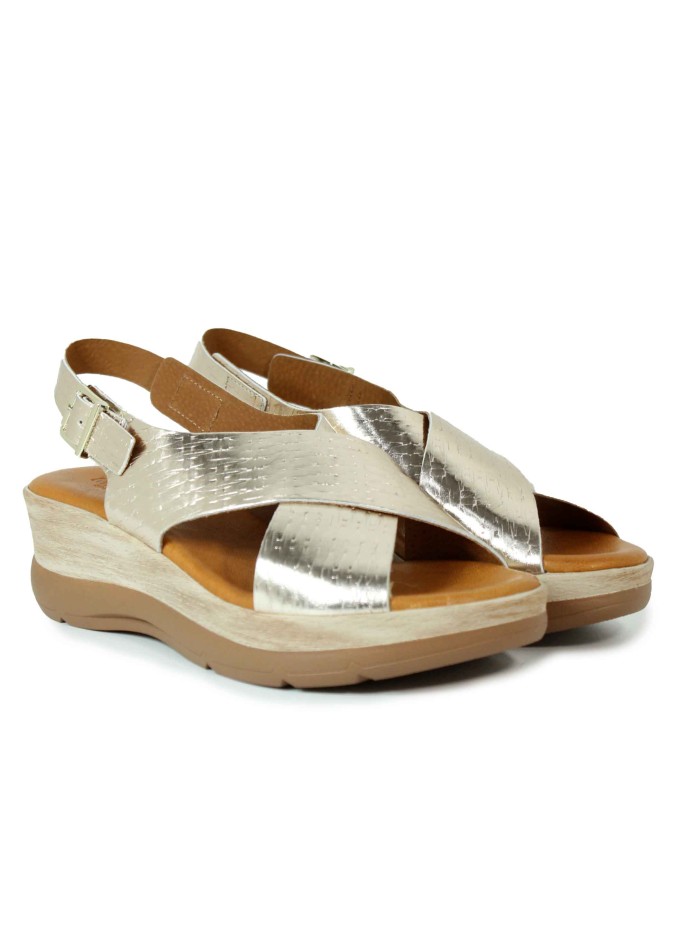 SANDALIAS CON CUÑA, DE PIEL Y TIRAS CRUZADAS, MÁXIMO CONFORT Y ESTILO 1450 MISWEAR ORO