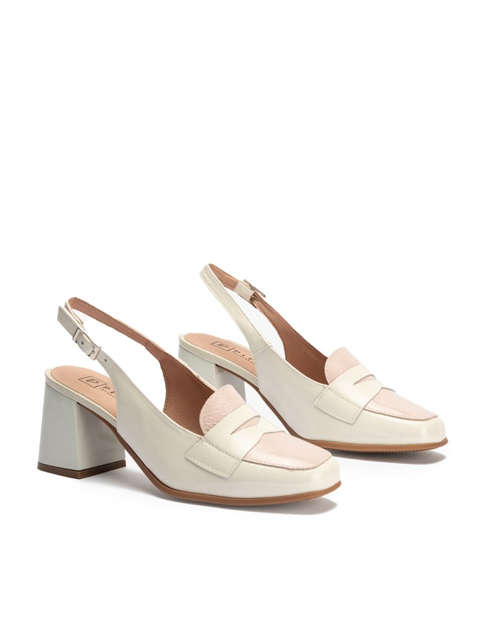ZAPATO DE TACÓN DESTALONADO EN PIEL CHAROL PITILLOS 10491 GLACIAL-NUDE