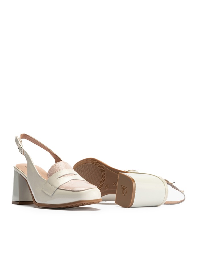 ZAPATO DE TACÓN DESTALONADO EN PIEL CHAROL PITILLOS 10491 GLACIAL-NUDE