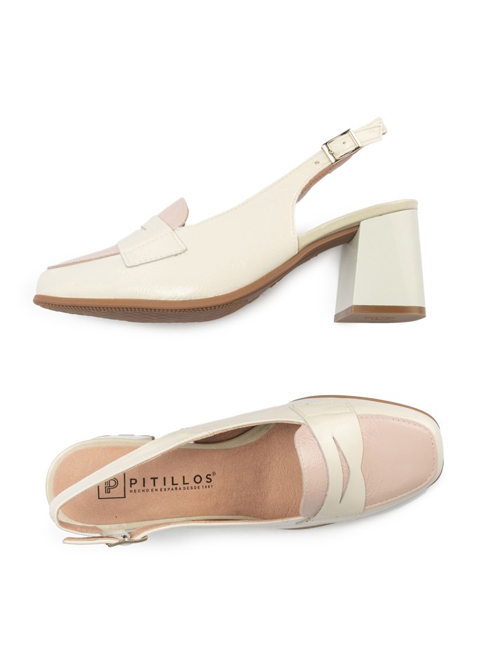 ZAPATO DE TACÓN DESTALONADO EN PIEL CHAROL PITILLOS 10491 GLACIAL-NUDE
