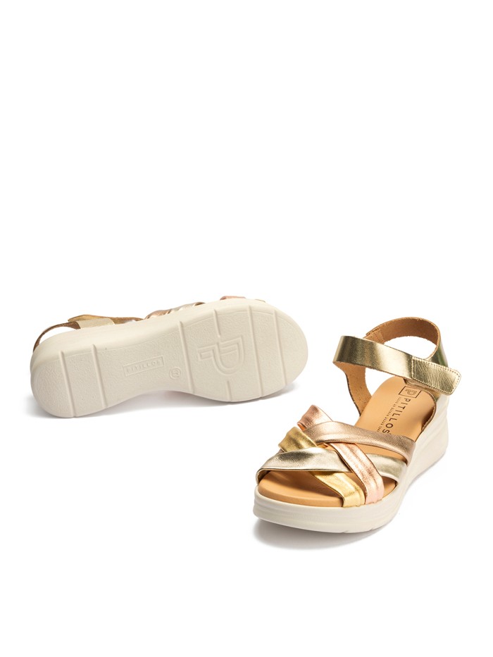 SANDALIAS DE CUÑA EN TONOS TIERRA DE PIEL PITILLOS 10610 ORO