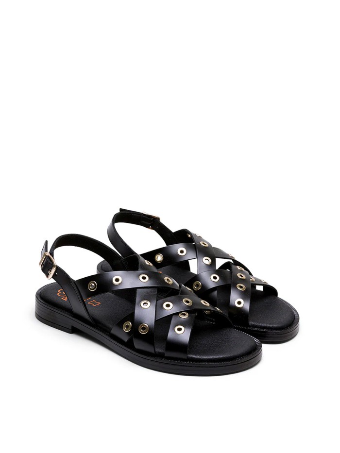 SANDALIA PLANA DE PIEL CON TACHUELAS NEGRO PORRONET 3125 MÓNICA
