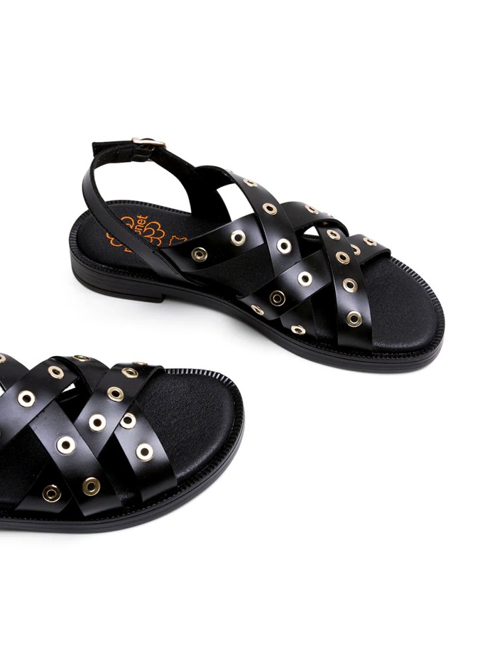 SANDALIA PLANA DE PIEL CON TACHUELAS NEGRO PORRONET 3125 MÓNICA