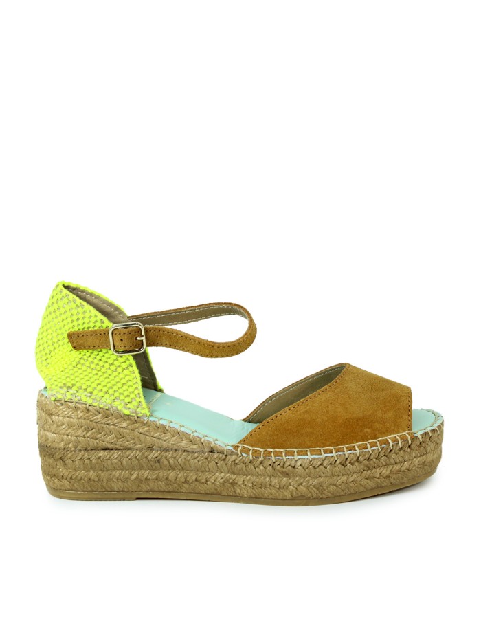 ALPARGATA DE CUÑA EN PIEL SERRAJE FLUOR STAR LOVE DALIM 52 CANELA-AMARILLO