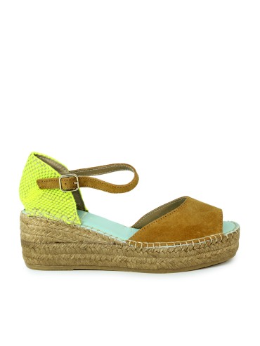 ALPARGATA DE CUÑA EN PIEL SERRAJE FLUOR STAR LOVE DALIM 52 CANELA-AMARILLO