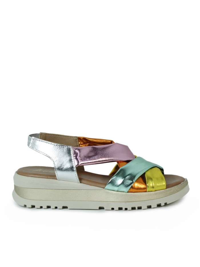SANDALIAS DE CUÑA EN PIEL CON PLANTA DE GEL APLAUSO 12302 MULTI-FUXIA