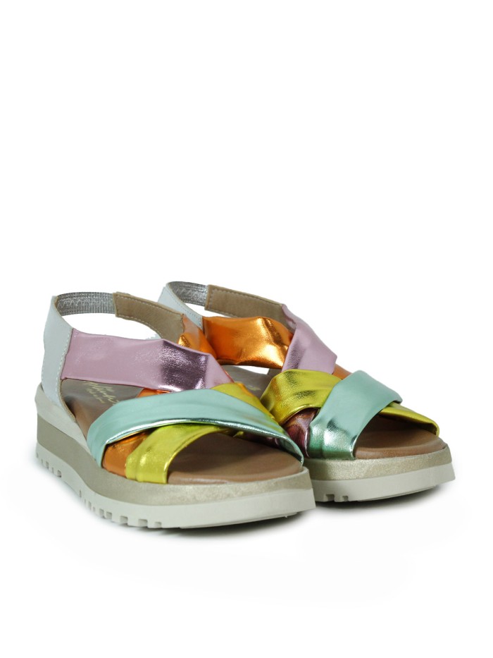 SANDALIAS DE CUÑA EN PIEL CON PLANTA DE GEL APLAUSO 12302 MULTI-FUXIA