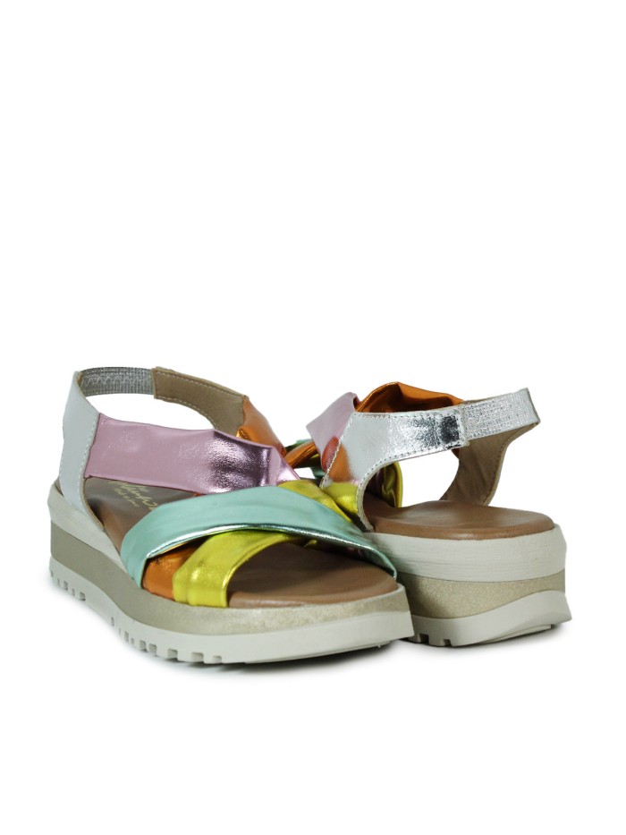 SANDALIAS DE CUÑA EN PIEL CON PLANTA DE GEL APLAUSO 12302 MULTI-FUXIA