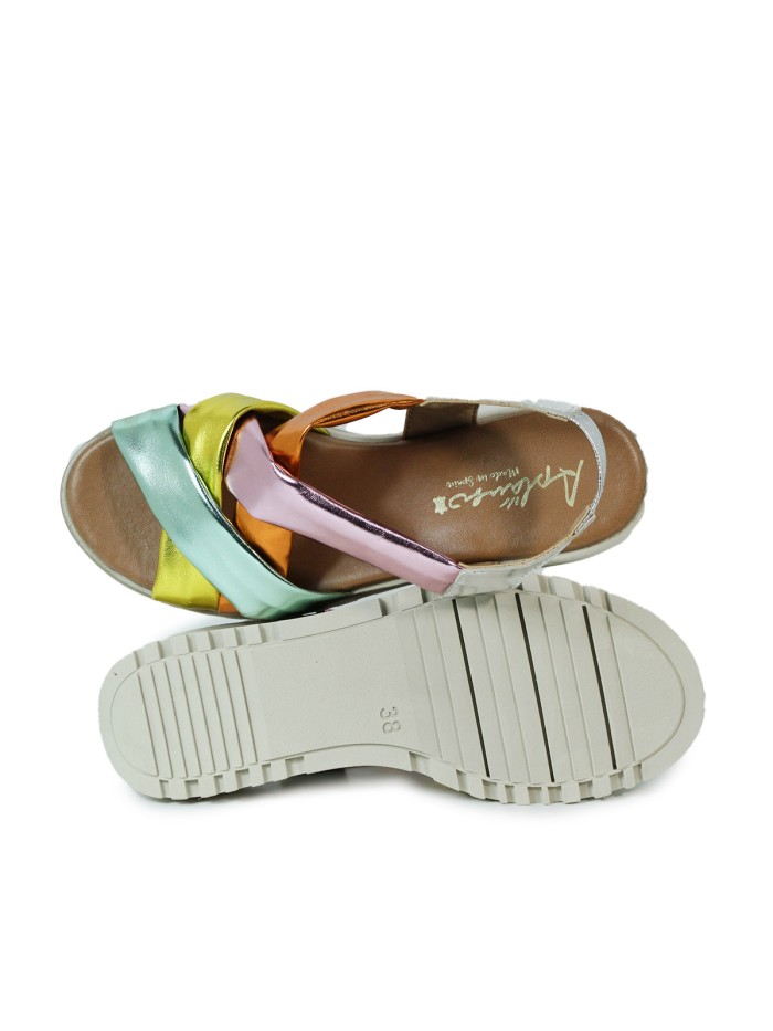 SANDALIAS DE CUÑA EN PIEL CON PLANTA DE GEL APLAUSO 12302 MULTI-FUXIA
