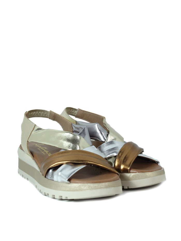 SANDALIAS DE PIEL CON PLANTA DE GEL APLAUSO 12302 MULTIMETAL-ORO