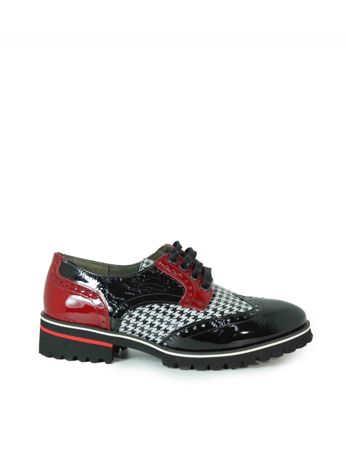 BLUCHER COMBINADO DE CHAROL NEGRO PARA MUJER APLAUSO ESPIGA 005