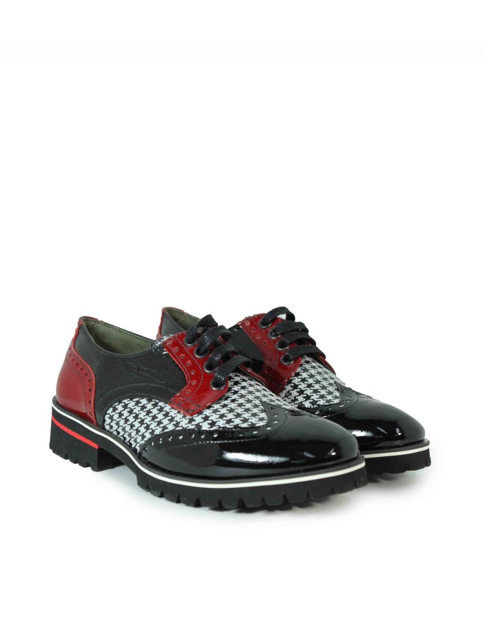 BLUCHER COMBINADO DE CHAROL NEGRO PARA MUJER APLAUSO ESPIGA 005