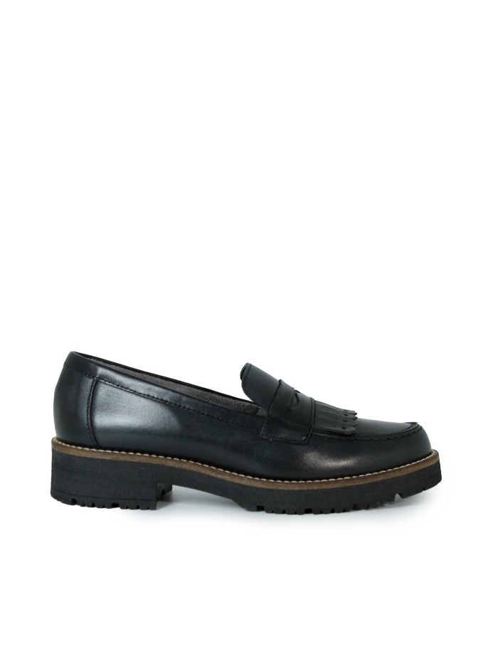 MOCASINES NEGROS DE PIEL CON ANTIFAZ Y FLECOS PARA MUJER PITILLOS 10783