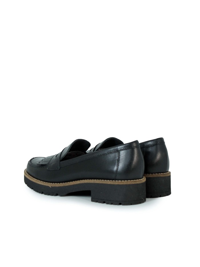MOCASINES NEGROS DE PIEL CON ANTIFAZ Y FLECOS PARA MUJER PITILLOS 10783