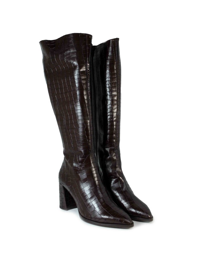 BOTA DE CAÑA ALTA EFECTO COCODRILO TACÓN MEDIO WONDERS M-5425 MARRÓN