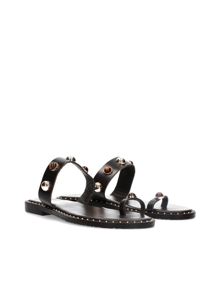 SANDALIAS PLANAS DE DEDO EN PIEL CON JOYA KISSIA JOPA-3 MARRÓN