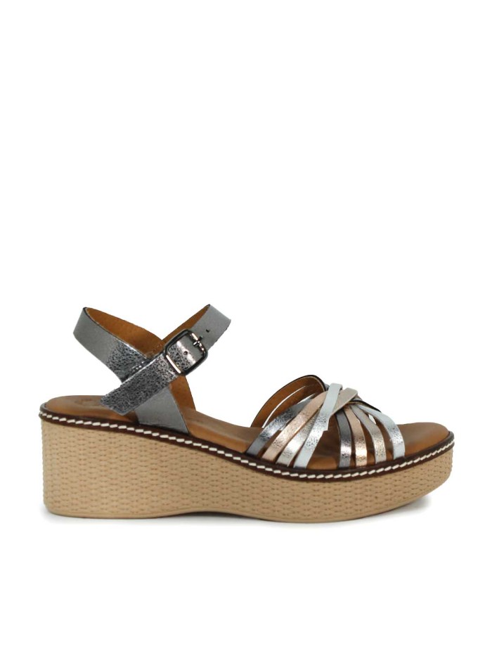 SANDALIAS DE PIEL METALIZADA CON PLANTA DE GEL PARA MUJER APLAUSO 2656 PLOMO