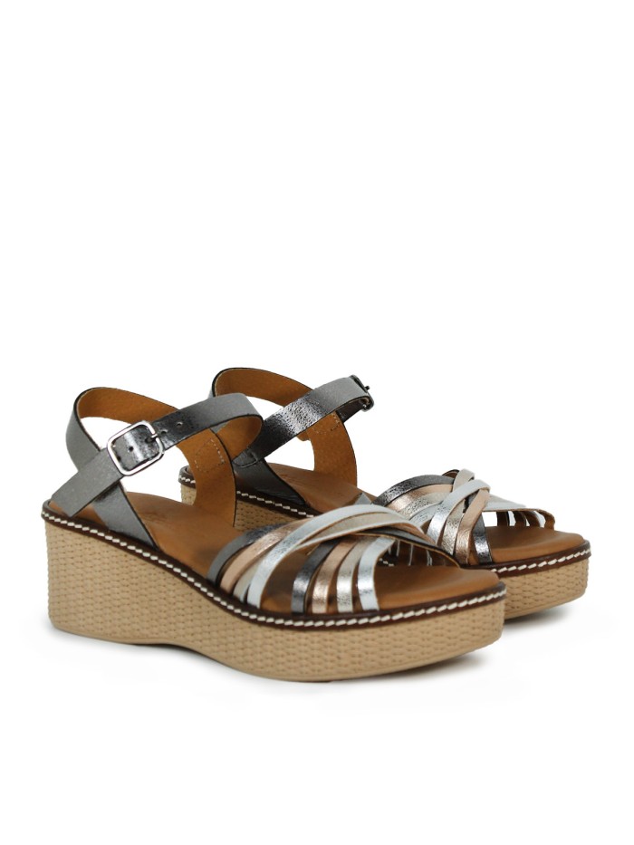 SANDALIAS DE PIEL METALIZADA CON PLANTA DE GEL PARA MUJER APLAUSO 2656 PLOMO