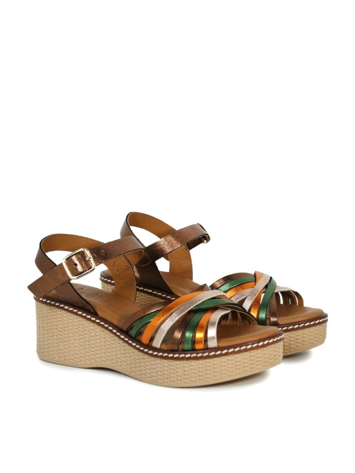 SANDALIAS DE PIEL METALIZADA CON PLANTA DE GEL PARA MUJER APLAUSO 2656 MULTICOLOR