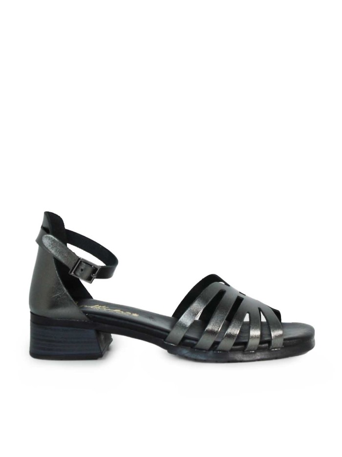 SANDALIAS DE PIEL METALIZADA CON PLANTA DE GEL Y TACÓN BAJO PARA MUJER APLAUSO 2697 PLOMO