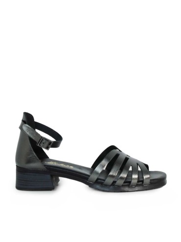 SANDALIAS DE PIEL METALIZADA CON PLANTA DE GEL Y TACÓN BAJO PARA MUJER APLAUSO 2697 PLOMO