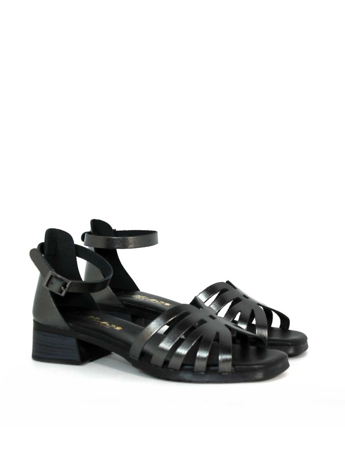 SANDALIAS DE PIEL METALIZADA CON PLANTA DE GEL Y TACÓN BAJO PARA MUJER APLAUSO 2697 PLOMO