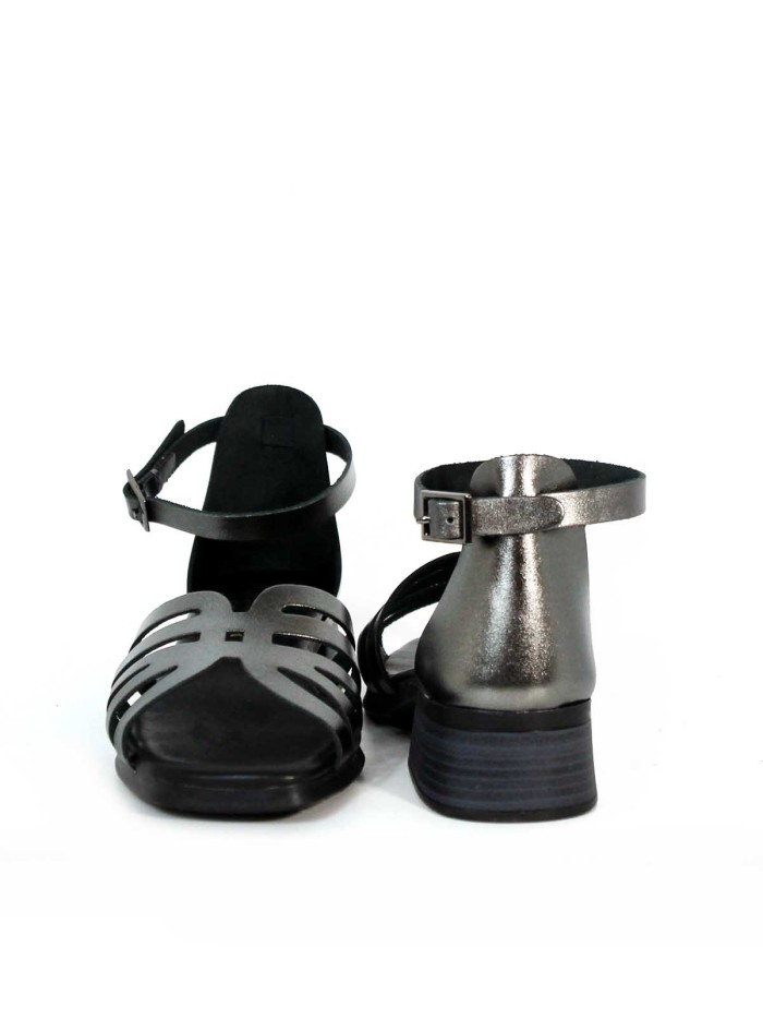 SANDALIAS DE PIEL METALIZADA CON PLANTA DE GEL Y TACÓN BAJO PARA MUJER APLAUSO 2697 PLOMO