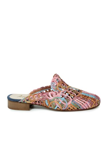 ZAPATO TEJIDO EN PIEL DESTALONADO CON TACÓN BAJO APLAUSO 1437 MULTIFUXIA