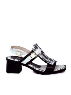 SANDALIA DE PIEL CON TACÓN PARA MUJER APLAUSO ROMA 01 BLANCO Y NEGRO