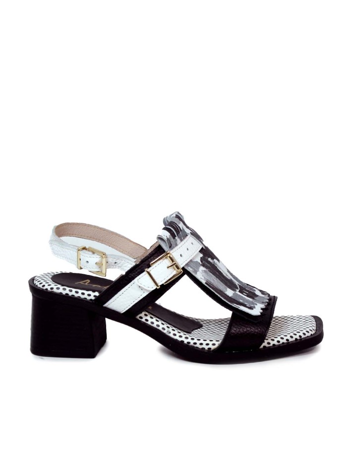 SANDALIA DE PIEL CON TACÓN PARA MUJER APLAUSO ROMA 01 BLANCO Y NEGRO