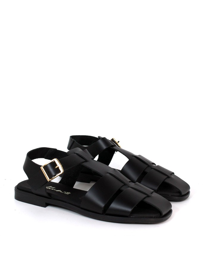 SANDALIA DE PIEL ESTILO CANGREJERA CON PLANTA DE GEL PARA MUJER APLAUSO 5582 NEGRO