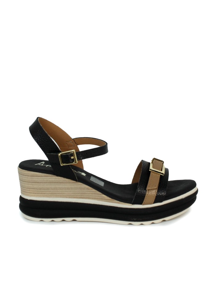 SANDALIAS DE PIEL CON CUÑA Y PLANTA DE GEL PARA MUJER APLAUSO 5993 NEGRO