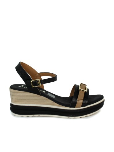 SANDALIAS DE PIEL CON CUÑA Y PLANTA DE GEL PARA MUJER APLAUSO 5993 NEGRO