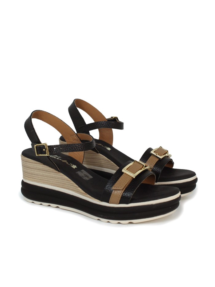 SANDALIAS DE PIEL CON CUÑA Y PLANTA DE GEL PARA MUJER APLAUSO 5993 NEGRO