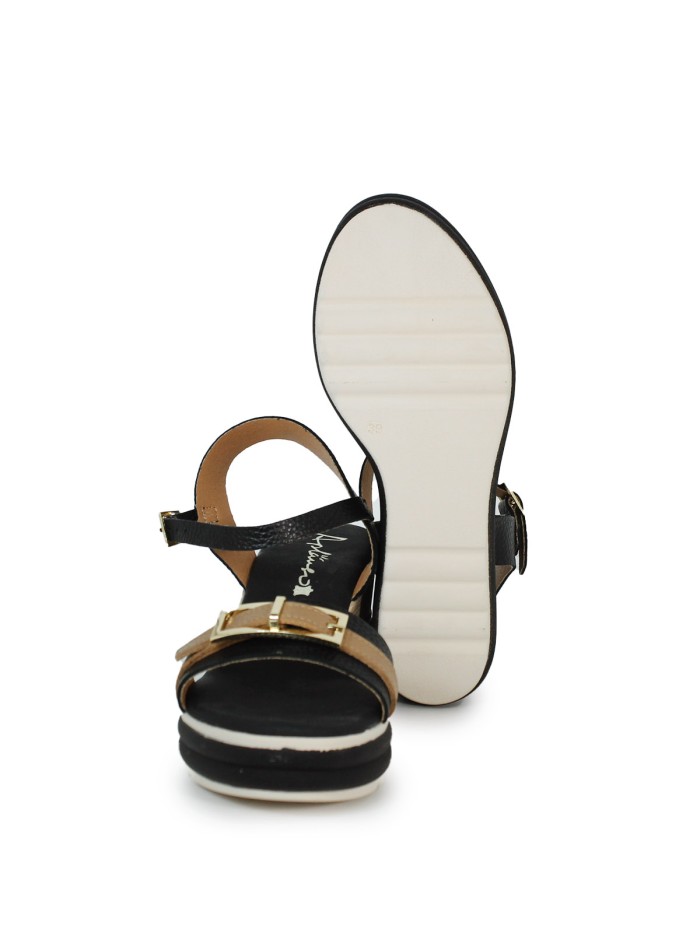 SANDALIAS DE PIEL CON CUÑA Y PLANTA DE GEL PARA MUJER APLAUSO 5993 NEGRO