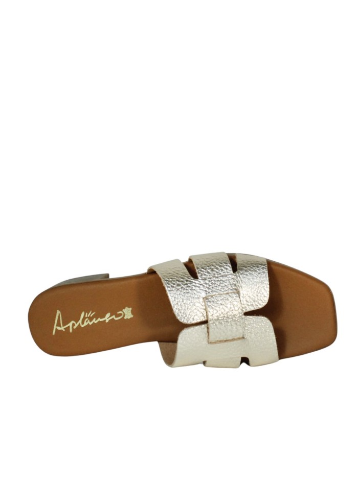 SANDALIAS DE PIEL CON TACÓN BAJO Y PLANTA DE GEL PARA MUJER APLAUSO 5880 ORO