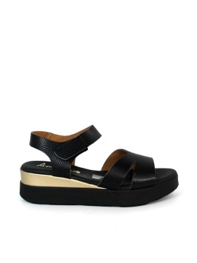 SANDALIAS DE PIEL CON VELCRO Y PLANTA DE GEL PARA MUJER APLAUSO 5660 NEGRO