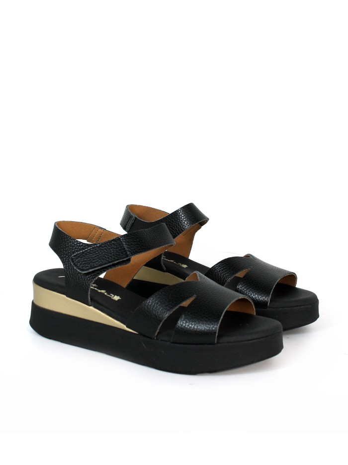 SANDALIAS DE PIEL CON VELCRO Y PLANTA DE GEL PARA MUJER APLAUSO 5660 NEGRO