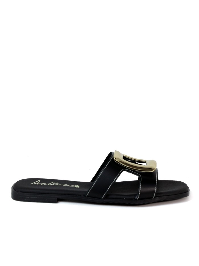 SANDALIAS DE PIEL PLANAS CON PLANTA DE GEL PARA MUJER APLAUSO 5565 NEGRO