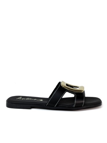 SANDALIAS DE PIEL PLANAS CON PLANTA DE GEL PARA MUJER APLAUSO 5565 NEGRO