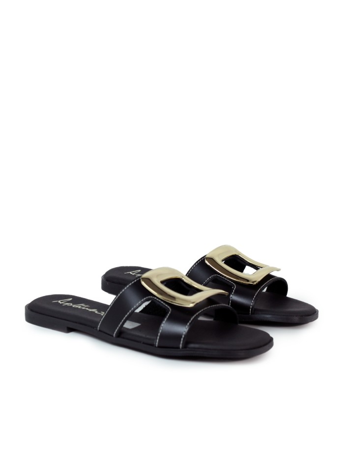 SANDALIAS DE PIEL PLANAS CON PLANTA DE GEL PARA MUJER APLAUSO 5565 NEGRO