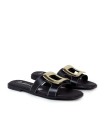 SANDALIAS DE PIEL PLANAS CON PLANTA DE GEL PARA MUJER APLAUSO 5565 NEGRO