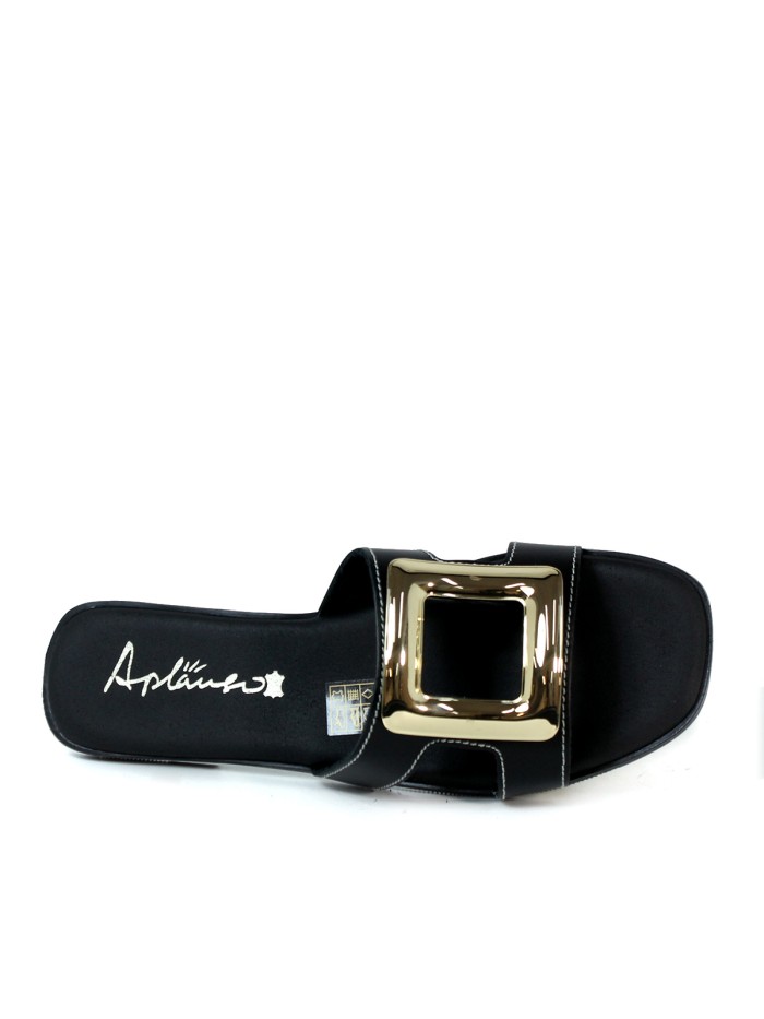 SANDALIAS DE PIEL PLANAS CON PLANTA DE GEL PARA MUJER APLAUSO 5565 NEGRO