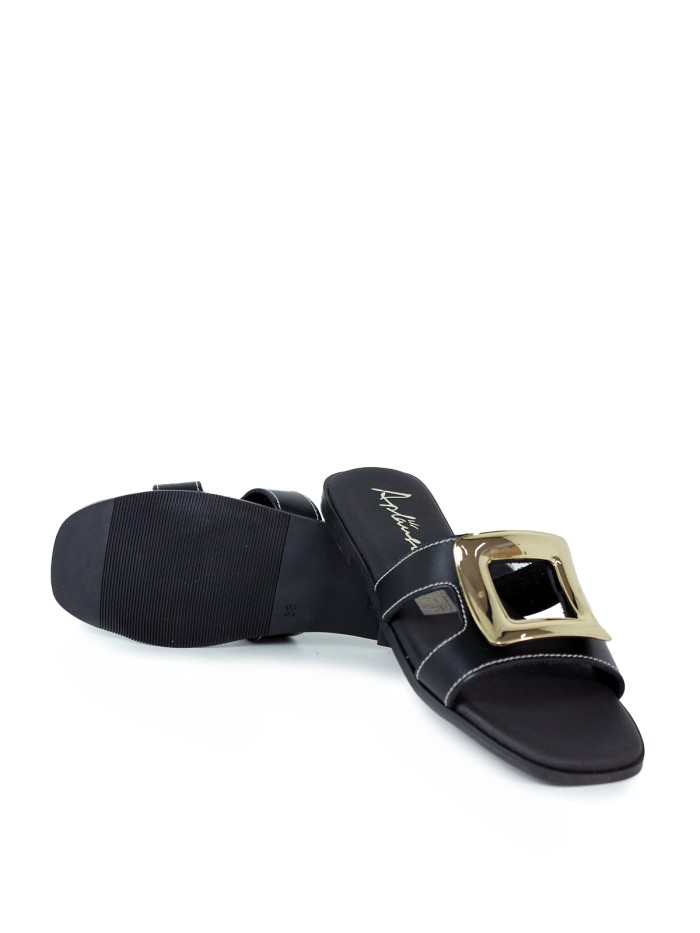 SANDALIAS DE PIEL PLANAS CON PLANTA DE GEL PARA MUJER APLAUSO 5565 NEGRO