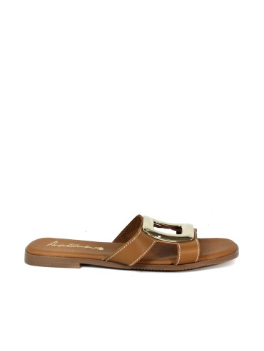 SANDALIAS DE PIEL PLANAS CON PLANTA DE GEL PARA MUJER APLAUSO 5565 CUERO
