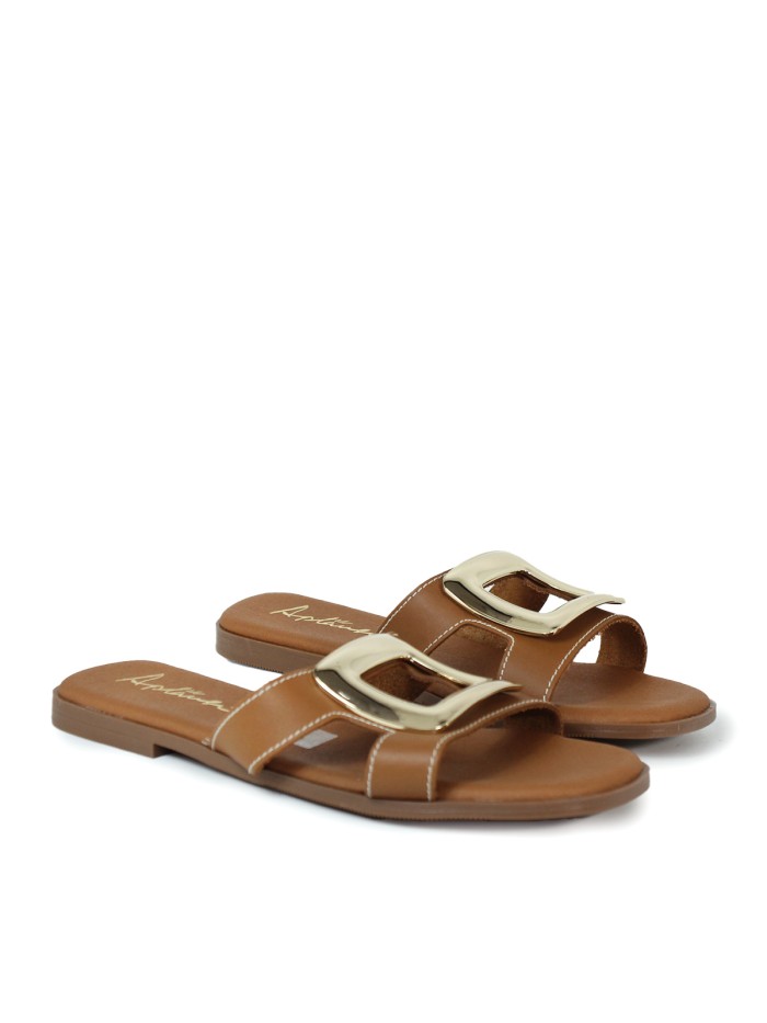 SANDALIAS DE PIEL PLANAS CON PLANTA DE GEL PARA MUJER APLAUSO 5565 CUERO