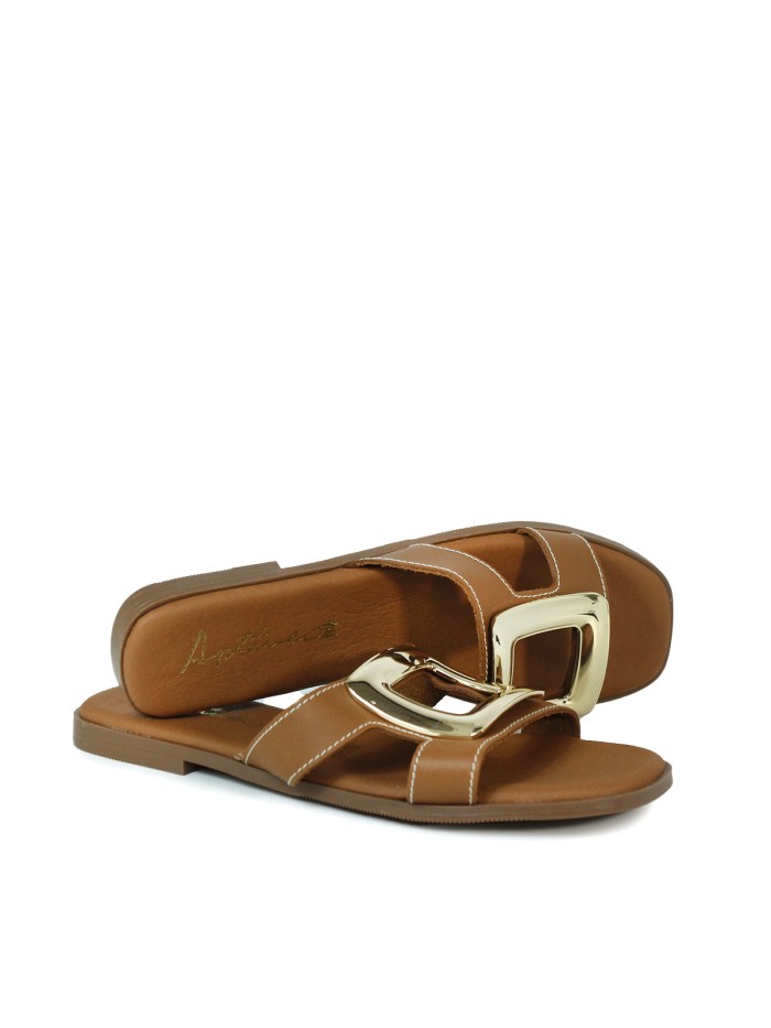 SANDALIAS DE PIEL PLANAS CON PLANTA DE GEL PARA MUJER APLAUSO 5565 CUERO